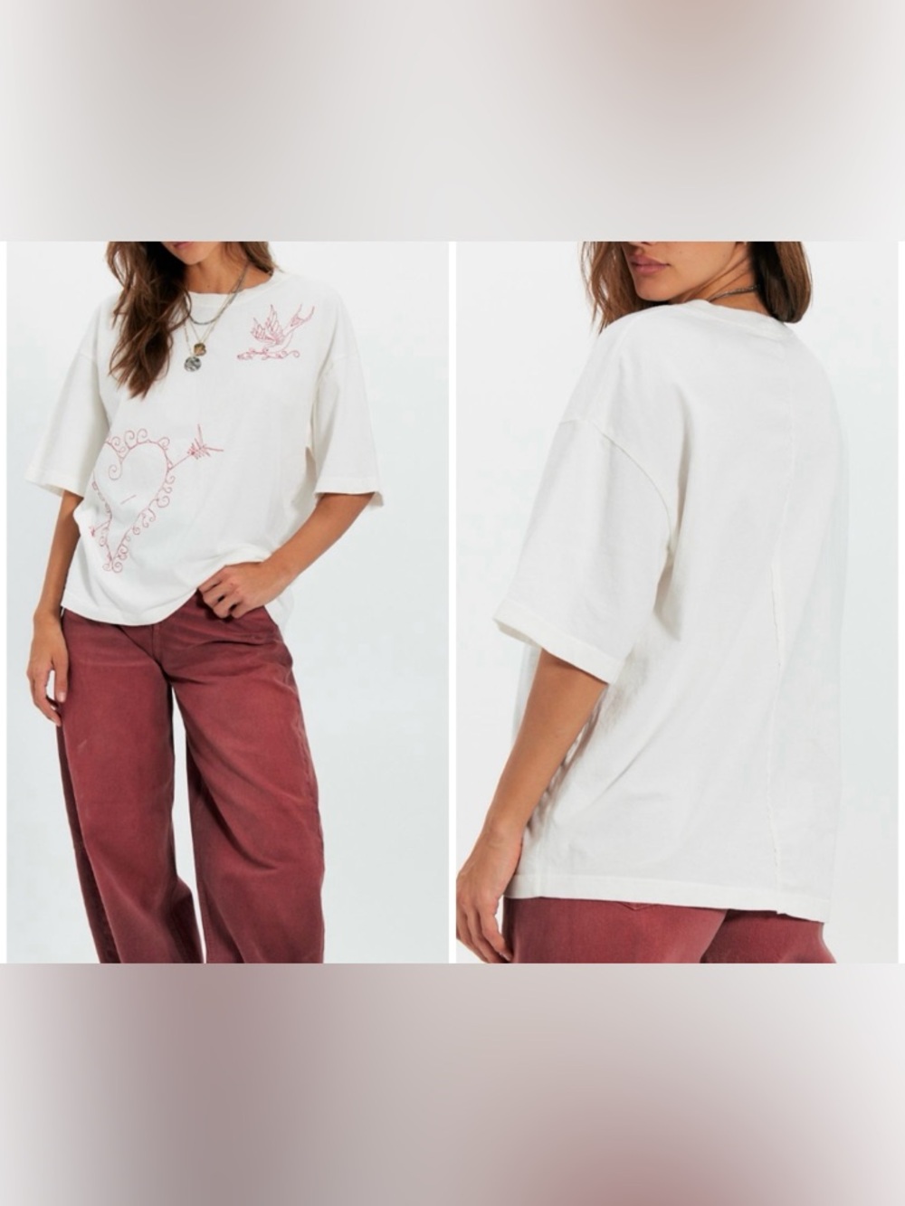 NWT Free People Ragabond More Amore Embroidered Tee - Ivory Combo - Small